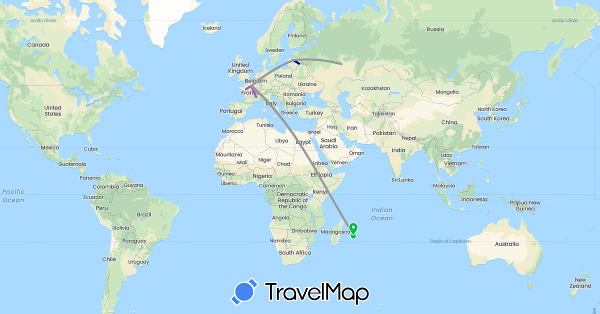 TravelMap itinerary: driving, bus, plane, train in France, Latvia, Russia (Europe)